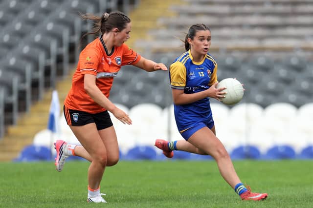 Longford's Emma Dowd takes on the Armagh defence during Saturday's ZuCar Ladies Football All-Ireland Minor (U-18) 'C' Championship Final in St Tiernach's Park, Clones