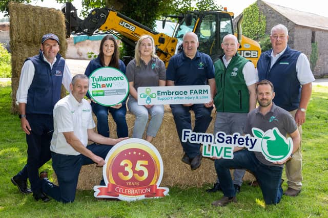 Launching Farm Safety Live on the farm of Brian and Norma Rohan, Co. Laois. Pictured at the launch of Farm Safety Live for the 2026 Tullamore Show are (back row, l-r): Gerard Hartnett (HSA), Chelsey Cox (Tullamore Show), Ciara Hogan (FRS Training), Brian Rohan (Embrace FARM), Ciaran Roche (FBD) and John Keena (Chairman, Tullamore Show). Front row (l-r): Jim Dockery (Tullamore Show) and Ben Fearn (FRS Training).