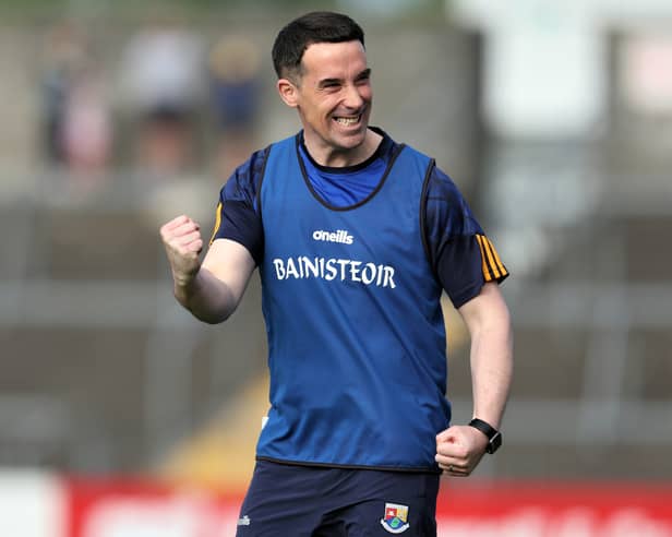 Longford senior football manager Mike Solan celebrating the great win over Clare in the Tailteann Cup clash in Ennis back on May 23 Photo: Syl Healy  