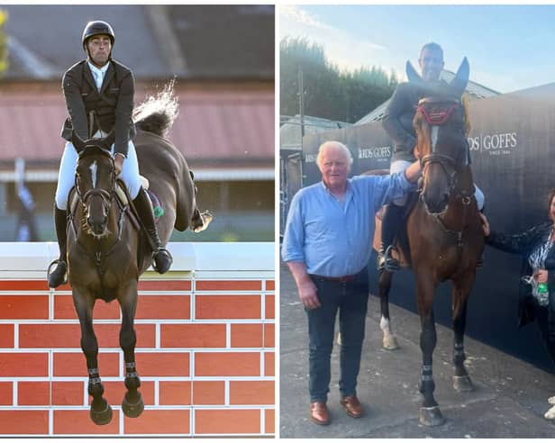 Left: Derek McCoppin competing on Explosief's Legacy in the Defender Puissance at the Gallagher Dublin Horse Show at the RDS. Right: Derek McCoppin, with his parents Ned and Margaret, and Explosief's Legacy after he finished third in the Defender Puissance at the Gallagher Dublin Horse Show