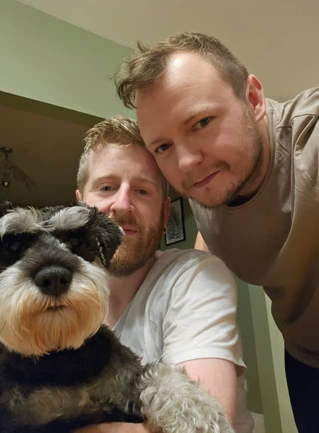 The reigning Nose of Tralee Alfie with his owners Harrison and Gary