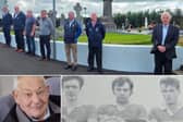 Top: a number of Mick Sheridan's teammates from the 1970 Longford Junior A Championship form a guard of honour at his funeral. Bottom left: the late great Mick Sheridan. 
Bottom right: Mick (centre) beside his brother Seán Sheridan (left) and Tommy Grimes (right) on Dromard's winning team in the 1970 Longford Junior A Championship.