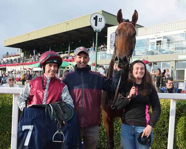 Leigh Roche on Only One Scobie, with trainer Paul Flynn, after he won the The T1 Healthcare Handicap at Killarney Racecourse 