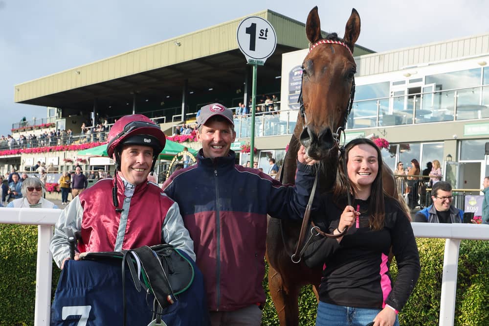 Leigh Roche on Only One Scobie, with trainer Paul Flynn, after he won the The T1 Healthcare Handicap at Killarney Racecourse 