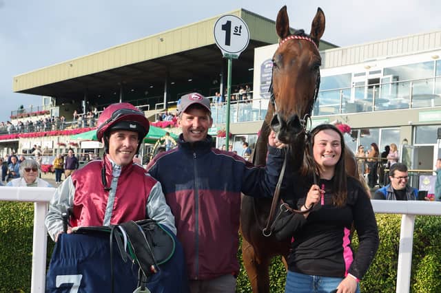 Leigh Roche on Only One Scobie, with trainer Paul Flynn, after he won the The T1 Healthcare Handicap at Killarney Racecourse