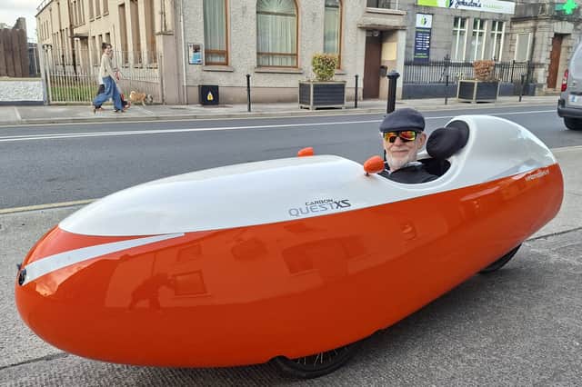 Turning heads! Jeremy in his Quest Velomobiel