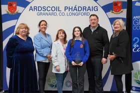 Award winning student Heather is pictured here with her parents Geraldine and Seamus, Ardscoil Phádraig Principal Ms Johnston, Head of Year Ms Reilly, and Manager of Granard Credit Union, Ms Miriam Whittle. 