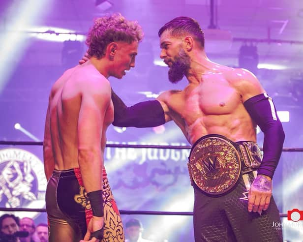 Longford professional wrestler Matthew ‘Bullett’ Smyth facing up to Finn Bálor in the ring.