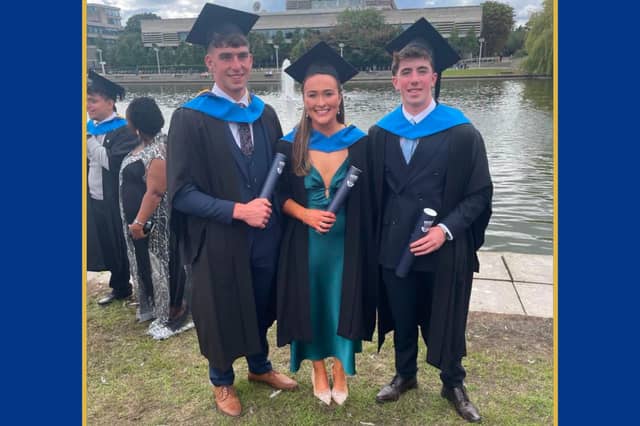 Óisín O'Toole, Cathy Conefrey and James Brady at their graduation from UCD