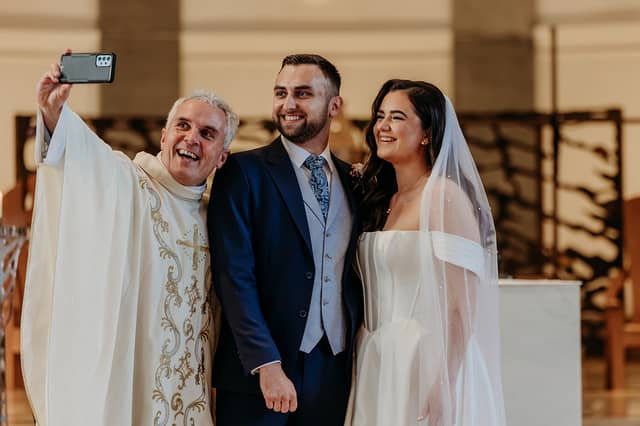 The first selfie as Mr & Mrs Podgorny! The happy newlyweds with Fr Joe McGrath in St Mel’s Cathedral.