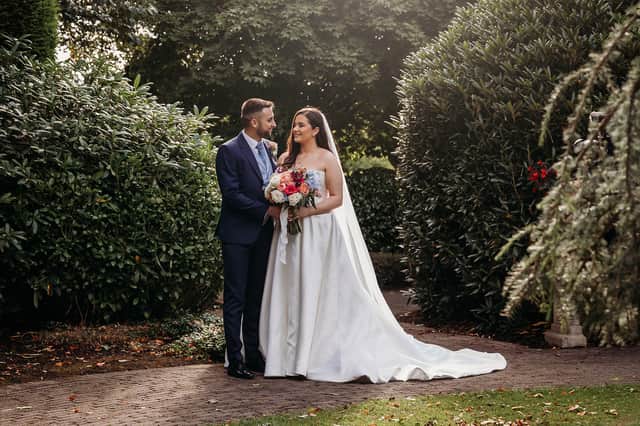 The beautiful newlyweds Nikolas and Sarah Podgorny on the grounds of the Slieve Russel Hotel in Cavan. 