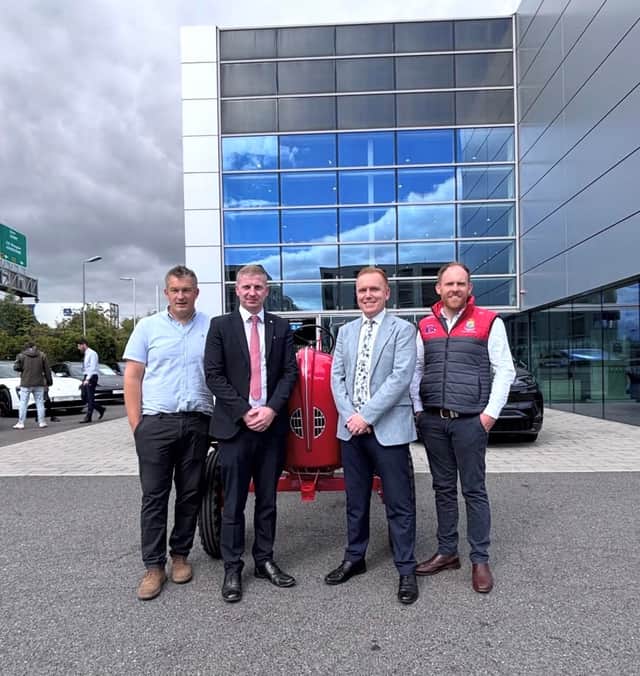 Pauric Connolly (Leaving Cert Class of 2002) and John Mahon (Leaving Cert Class of 2011) pictured at Porsche Dublin with Mercy Principal Gary Kenny, and the leading teacher on the project Donal Tansey