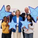 MEP Nina Carberry launching the Blue Star Programme with CEO of European Movement Ireland, David Geary and President of INTO, Brendan Horan and participating pupils