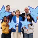 MEP Nina Carberry launching the Blue Star Programme with CEO of European Movement Ireland, David Geary and President of INTO, Brendan Horan and participating pupils