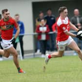 Dessie Reynolds on his way to scoring a brilliant goal for Sean Connolly’s with Mostrim opponent Jack Belton in vain pursuit. Action from the Intermediate Football Championship Round 1 group stage clash at Keenan Park back in August. Reynolds is the Connolly’s captain while Belton is the Mostrim captain Photo: Syl Healy 