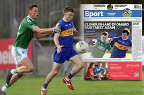 Main Pic: Aaron Farrell (Dromard) and Ronan Sweeney (Clonguish). Inset: The front page of the Longford Leader sports section.
