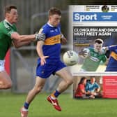 Main Pic: Aaron Farrell (Dromard) and Ronan Sweeney (Clonguish). Inset: The front page of the Longford Leader sports section.