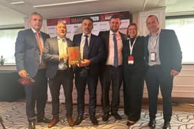 ​Mike Glennon, Paul Treacy, Nico Fourie, Lewis McCall, Linsay McKellar and Cameron McLaughlin at the Timber Trade Journal awards in the Marriott London Grosvenor Hotel where Glennon Brothers won the ‘Softwood Trader: Sawmiller of the Year’ Award for a seventh time