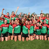 The Colmcille ladies football squad celebrate their win over Ballymahon Forgney in the Junior ‘A’ Championship final Photo: Syl Healy