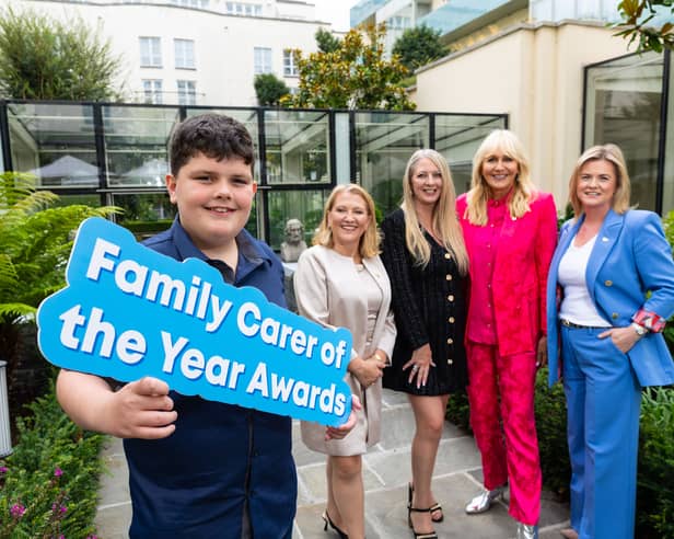 Caelan McVitty, 2025 Ulster Young Carer of the year with Sharon Foley, CEO of Family Carers Ireland; 2025 winner Angie Keating; Awards Ambassador and RTÉ presenter Miriam O’Callaghan; Maeve McCleane, Chief People Officer at Lidl Ireland and Northern Ireland | Shane O’Neill, Coalesce
