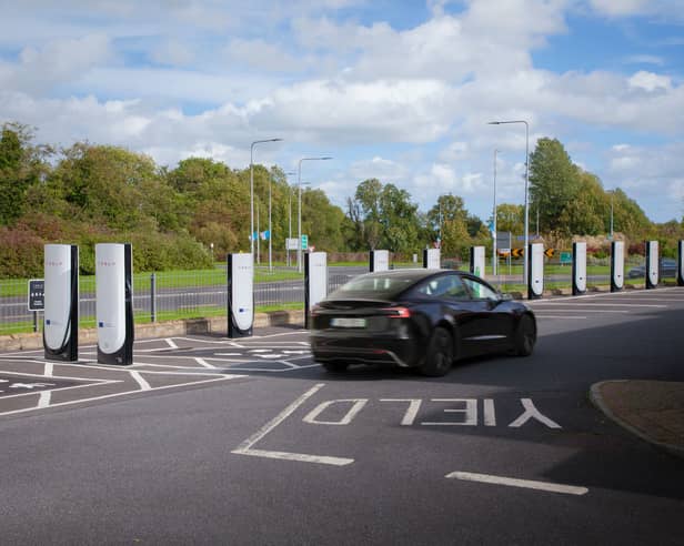 Tesla's new state of the art 12-stall V4 Supercharging hub at the N4 Axis Centre on Battery Road, Aghadegnan, Longford. 