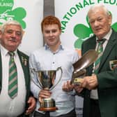 Congratulations to Daniel Haughey from Barne, Edgeworthstown, Under 28 National Ploughing Champion receiving an NPA Perpetual Cup from NPA Chairman; John Deery and an NPA Trophy from NPA President; Mick Mahon, at the Ploughing 2026 awards in Tullamore, last Sunday, October 4