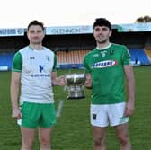 Killoe Emmet Og captain Ronan Keogh (out injured for most of the current championship campaign) and Clonguish captain Matthew Carey pictured with the Connolly Cup at Glennon Brothers Pearse Park in the build up to the big match on Sunday   Photo: Syl Healy       