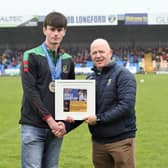 Thomas Finn is pictured with Longford GAA Chairperson Derek Fahy at half time of Sunday's Mulleady Group Intermediate County Final.          