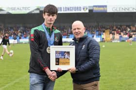 Thomas Finn is pictured with Longford GAA Chairperson Derek Fahy at half time of Sunday's Mulleady Group Intermediate County Final.          