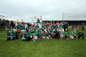 The jubilant Clonguish junior football squad, mentors and family members celebrate the dramatic win over Ballymore in the ‘A’ championship final Photo: Syl Healy