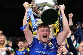Longford hurler Reuben Muray (lifting the Lory Meagher Cup) who has been selected on the Champion 15 Team of the Year to be honoured at Croke Park this Friday night  Photo: Syl Healy
