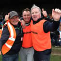 Clonguish manager Dom Corrigan (right) celebrating at the final whistle in the SFC final with Kevin Rafter and David Barden (mentor) after the comprehensive win over Killoe Photo: Syl Healy