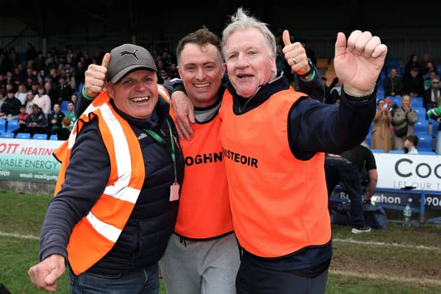Clonguish manager Dom Corrigan (right) celebrating at the final whistle in the SFC final with Kevin Rafter and David Barden (mentor) after the comprehensive win over Killoe Photo: Syl Healy