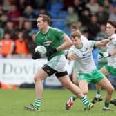 Peter Hanley on the ball for Clonguish in breaking away from Killoe opponent Ronan McGoldrick. Action from the Senior Football Championship Final at Glennon Brothers Pearse Park on Sunday last   Photo: Syl Healy 