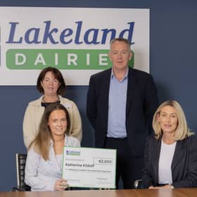  Lakeland Dairies Bursary Recipient Katherine Kilduff with her mother, Patricia, Edgeworthstown, Co. Longford, with Liz Shouldice, Chief People Officer and Pat Shiels, Chief Strategy and Member Officer, Lakeland Dairies. Katherine is studying Agricultural Science at UCD.
