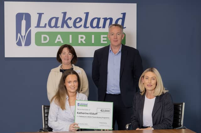Lakeland Dairies Bursary Recipient Katherine Kilduff with her mother, Patricia, Edgeworthstown, Co. Longford, with Liz Shouldice, Chief People Officer and Pat Shiels, Chief Strategy and Member Officer, Lakeland Dairies. Katherine is studying Agricultural Science at UCD.