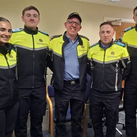 Garda Caitlyn O'Reilly, Garda Daniel Rogers, Inspector Declan McGlynn, Garda John Fogarty, and Garda Connor Casey in Granard Garda Station during their work placement last May.