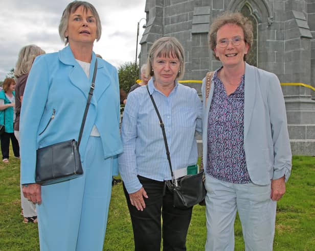 Una Byrne, Patricia Lyons and Mary Keegan at the ceremony in August to mark the restoration of the Fetherston Clock Tower in Ardagh and its surrounding railings and walls Picture: Shelley Corcoran