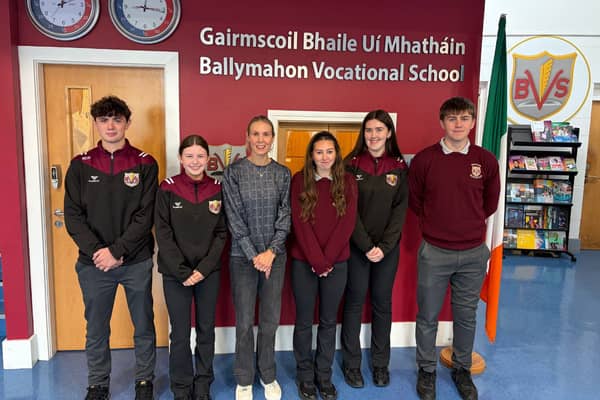 L-R: Kyle Creagh Dillon, Alanna O' Rourke, Ms Hall, Louise Burke, Abbie McNally and Seán Finlass 