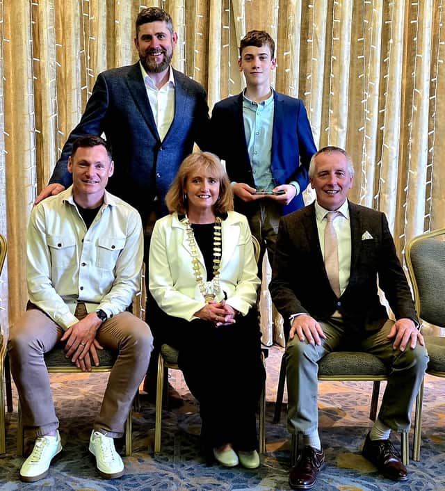 John Fitzpatrick Jnr, who received the Individual AAI Juvenile Star Award Winner for County Longford, pictured on the day with his dad and coach John Sr, two-time European Indoor 400m Champion David Gillick, President of Athletics Ireland Bríd Golden and Mark Connolly, also from Athletics Ireland.
