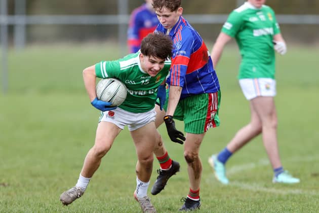 Multi-talented Fionn McCormack Crowe pictured in gaelic football action for Moyne Community School in the Leinster U-16 C Final win back at the end of March  Photo: Syl Healy  