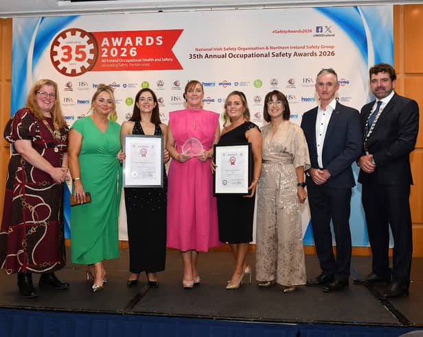 Staff of Longford County Council are pictured receiving the Regional Award and an Exceptional High Achiever Award at the Annual All-Ireland Occupational Safety Awards 2026. Picture also includes Mark Cullen, CEO of the Health and Safety Authority, Fergal McKevitt, President of NISO, and Wendy Moore, Chair of NISG