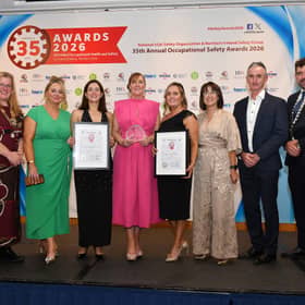 Staff of Longford County Council are pictured receiving the Regional Award and an Exceptional High Achiever Award at the Annual All-Ireland Occupational Safety Awards 2026. Picture also includes Mark Cullen, CEO of the Health and Safety Authority, Fergal McKevitt, President of NISO, and Wendy Moore, Chair of NISG