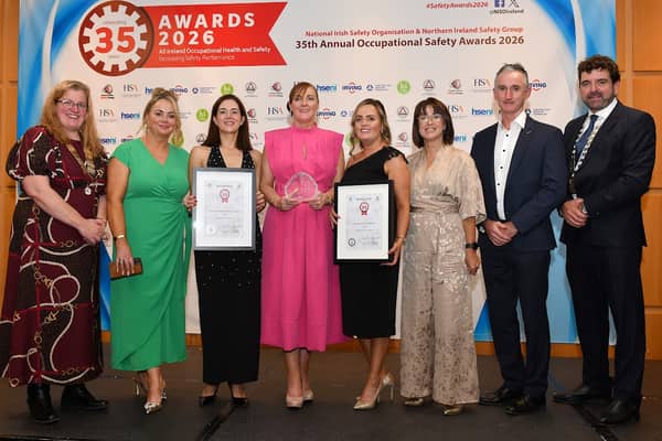Staff of Longford County Council are pictured receiving the Regional Award and an Exceptional High Achiever Award at the Annual All-Ireland Occupational Safety Awards 2026. Picture also includes Mark Cullen, CEO of the Health and Safety Authority, Fergal McKevitt, President of NISO, and Wendy Moore, Chair of NISG