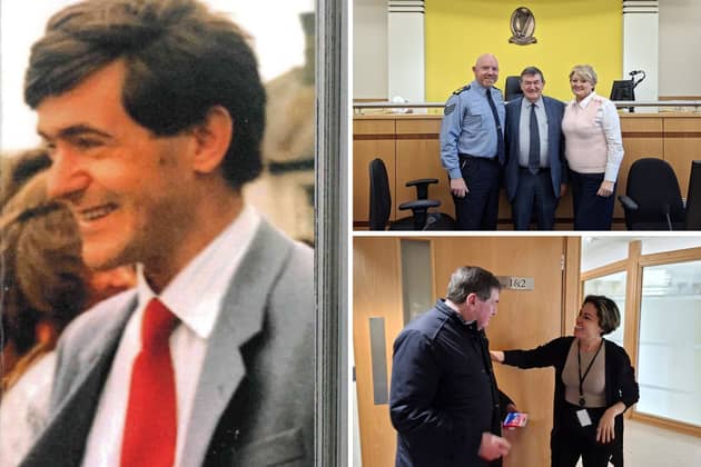 Frank Gearty's final day in the Longford Criminal District Court. Clockwise from left: Solicitor Frank Gearty circa 1986. Top right: Sergeant Enda Daly, Frank Gearty, and Court Clerk Maggie Curley. Bottom right: Frank Gearty with Longford courthouse caretaker Karolyne.    