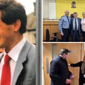 Frank Gearty's final day in the Longford Criminal District Court. Clockwise from left: Solicitor Frank Gearty circa 1986. Top right: Sergeant Enda Daly, Frank Gearty, and Court Clerk Maggie Curley. Bottom right: Frank Gearty with Longford courthouse caretaker Karolyne.    