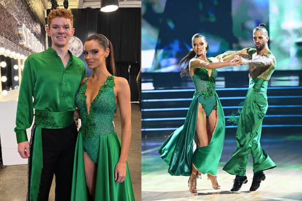 Left: Maura Higgins and Lucky Howard. Right: Maura and pro-dance partner Mark Ballas performing the Paso Doble.  