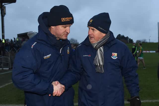 Picture shows Andy McEntee (left), Meath manager, and Denis Connerton, Longford boss shaking hands following the Bord na Mona O'Byrne Cup semi-final match between Meath and Longford at Páirc Táilteann on January 14, 2018