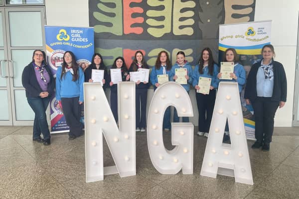 Included in the photo are South Longford Senior Branch Leader Francesca Pawelczyk (left) and Ardagh Guide Leader Joanna Pearman (right) with Trail Blazer gold pin award recipients Lily-May, Molly, Mia and Caoimhe and Bronze Gaisce Award and Bronze Star Award recipients Abbie Ailish, Caoimhe and Sarah