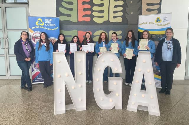 Included in the photo are South Longford Senior Branch Leader Francesca Pawelczyk (left) and Ardagh Guide Leader Joanna Pearman (right) with Trail Blazer gold pin award recipients Lily-May, Molly, Mia and Caoimhe and Bronze Gaisce Award and Bronze Star Award recipients Abbie Ailish, Caoimhe and Sarah